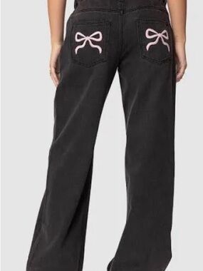 Edikted Black Wide-Leg Jeans with Pink Bow Pocket Embroidery